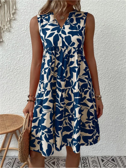 Women’s Sleeveless Dress – V-Neck – Relaxed Fit – Abstract Print – Knee Length – Breathable Blend