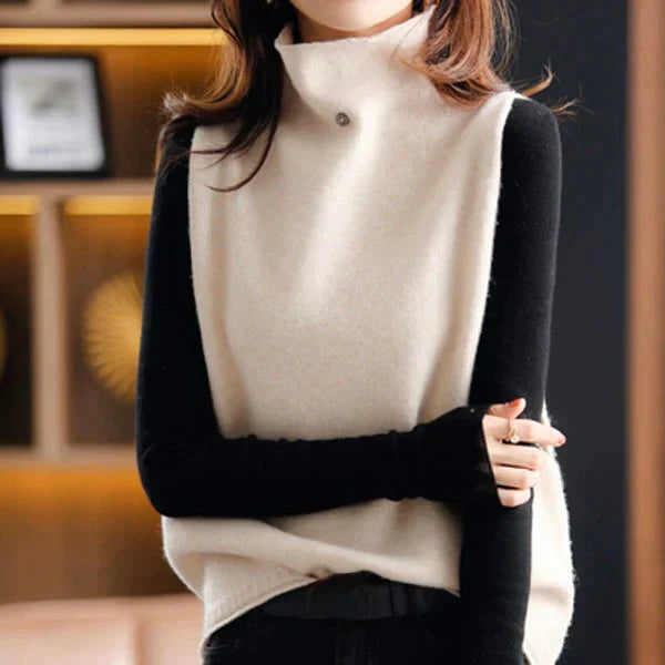 Women’s Sleeveless Sweater – Wool Feel – Turtleneck – Relaxed Fit – Hip Length Layering Piece