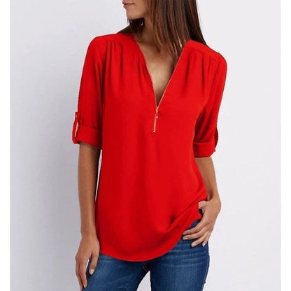 Women’s Blouse – Relaxed Fit – Cotton Blend – Half Zip – 3/4 Roll-Up Sleeves