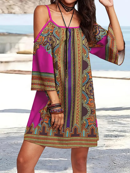 Women's Bohemian Off-Shoulder Dress - Flowy Lightweight Fabric - Casual Loose Fit