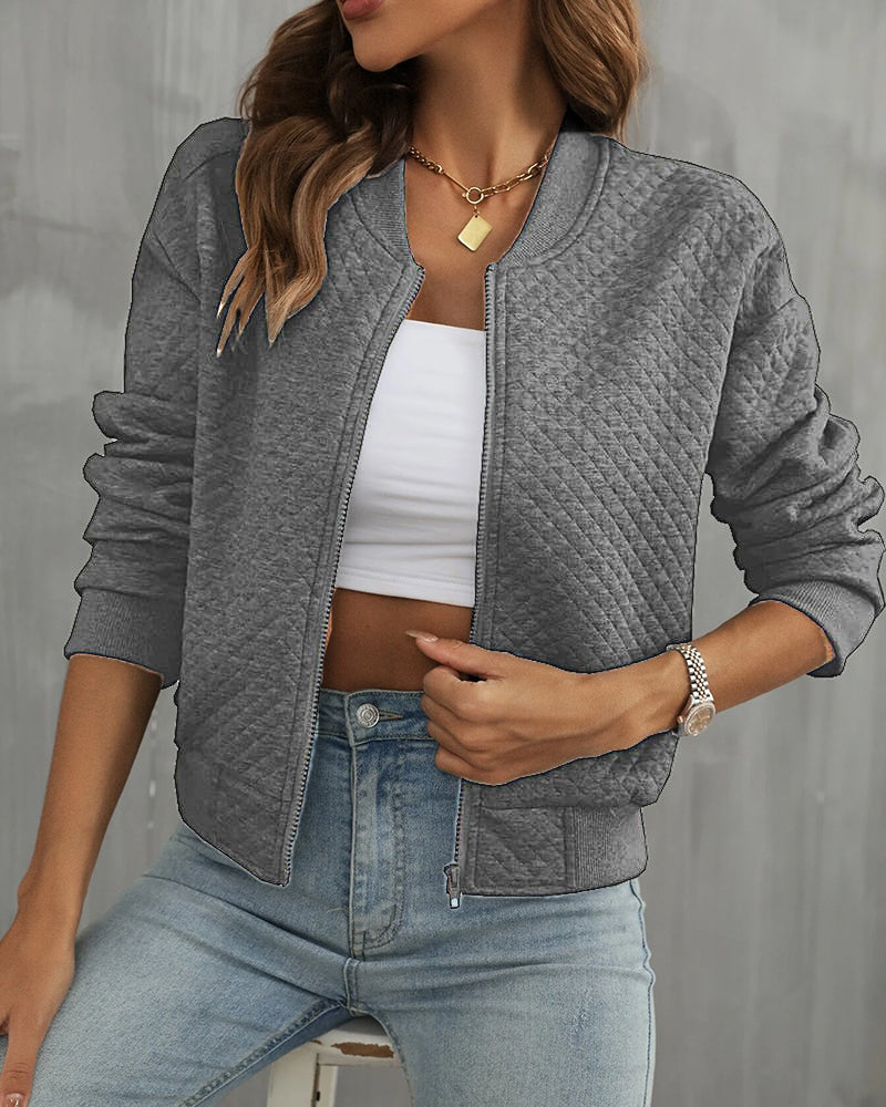 Women’s Bomber Jacket – Quilted Texture – Cropped Fit – Zip Front – Ribbed Trim