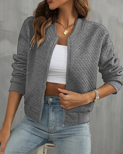 Women’s Bomber Jacket – Quilted Texture – Cropped Fit – Zip Front – Ribbed Trim