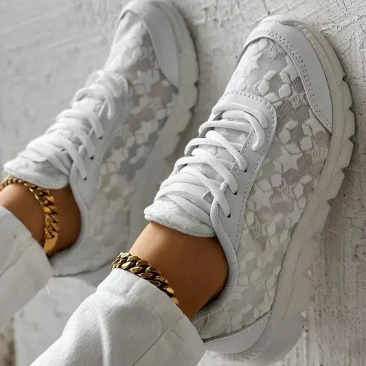 Women’s Sneakers – Ergonomic Fit – Patterned Mesh – Lace-Up – Cushioned Sole