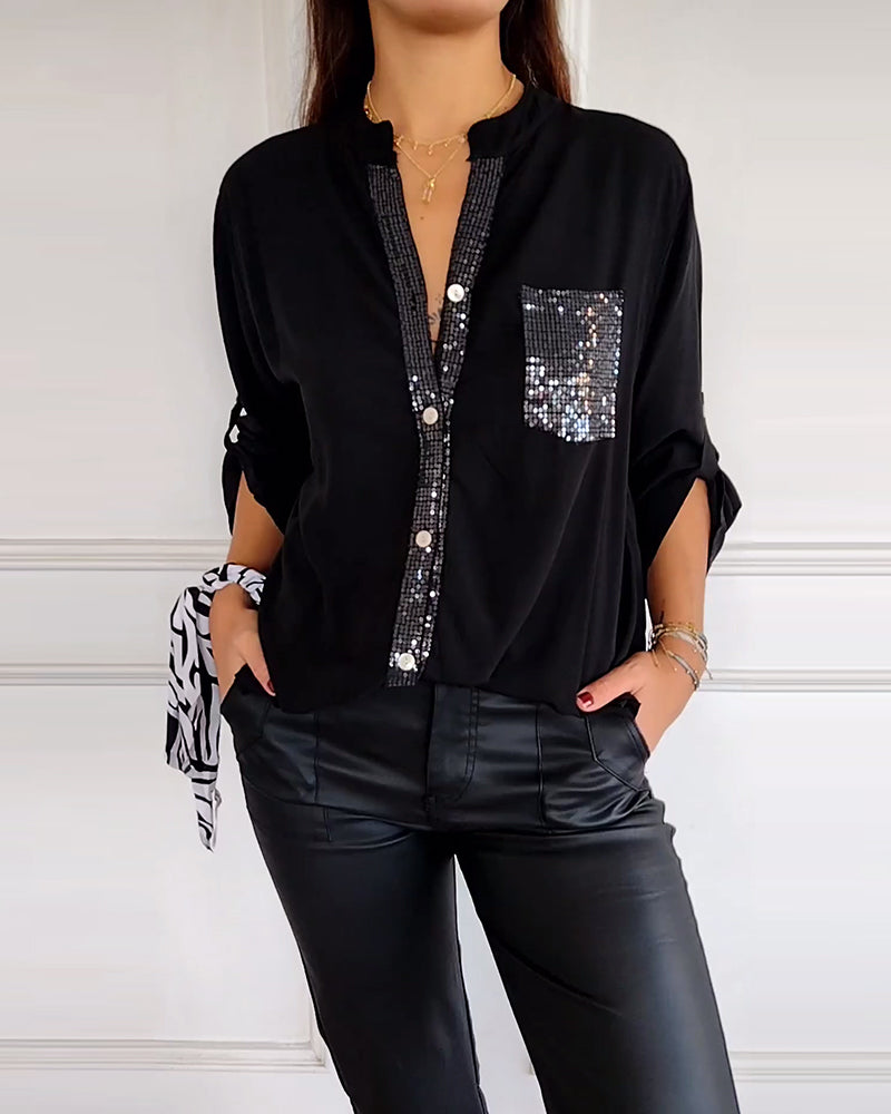 Women’s Blouse – Relaxed Fit – Sequin Placket and Pocket – Long Sleeve – Breathable Fabric