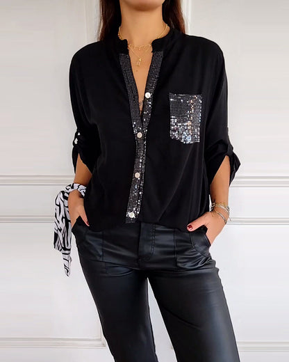 Women’s Blouse – Relaxed Fit – Sequin Placket and Pocket – Long Sleeve – Breathable Fabric