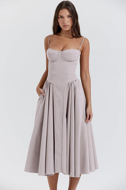 Women's Midi Dress - Sweetheart Neckline - Bustier Bodice - A-Line Flared Skirt