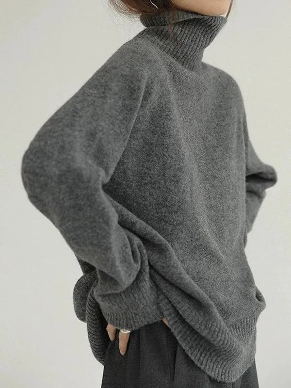 Women’s Turtleneck Sweater – Wool Blend – Relaxed Fit – Ribbed Hem – Hip Length