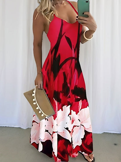 Women's Maxi Dress - Sleeveless Thin Straps - Floral Print - Flowing A-Line Fit