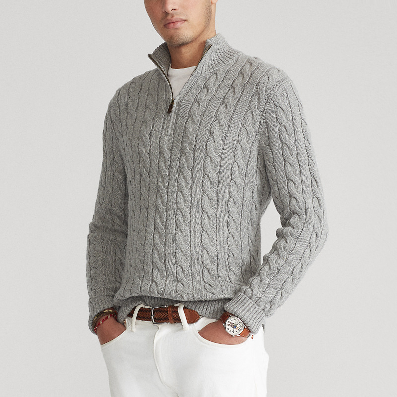Men’s Sweater – Cotton Blend – Regular Fit – Half Zip – Cable Knit – Ribbed Trim