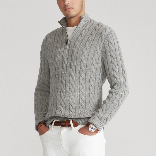 Men’s Sweater – Cotton Blend – Regular Fit – Half Zip – Cable Knit – Ribbed Trim