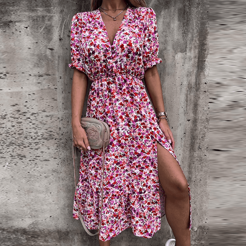 Women's Midi Dress - V-Neck - Short Puff Sleeves - Fitted Waist - Side Slit