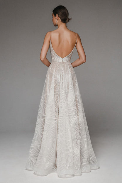 Women’s Evening Dress – Chiffon A-Line – Geometric Sheer Overlay – Spaghetti Straps