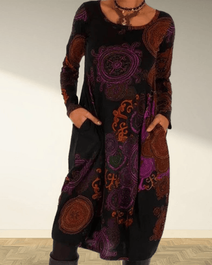 Women's Maxi Dress - Long Sleeve - Scoop Neck - A-Line Loose Fit - Bohemian Print