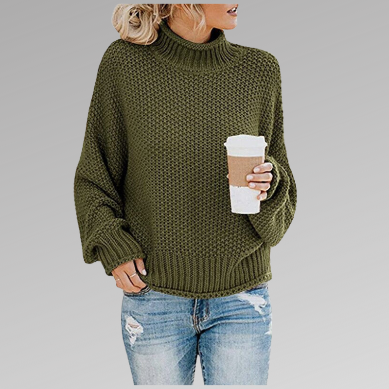 Women’s Knitted Sweater – Wool Blend – Oversized Fit – Turtleneck Ribbed Hem