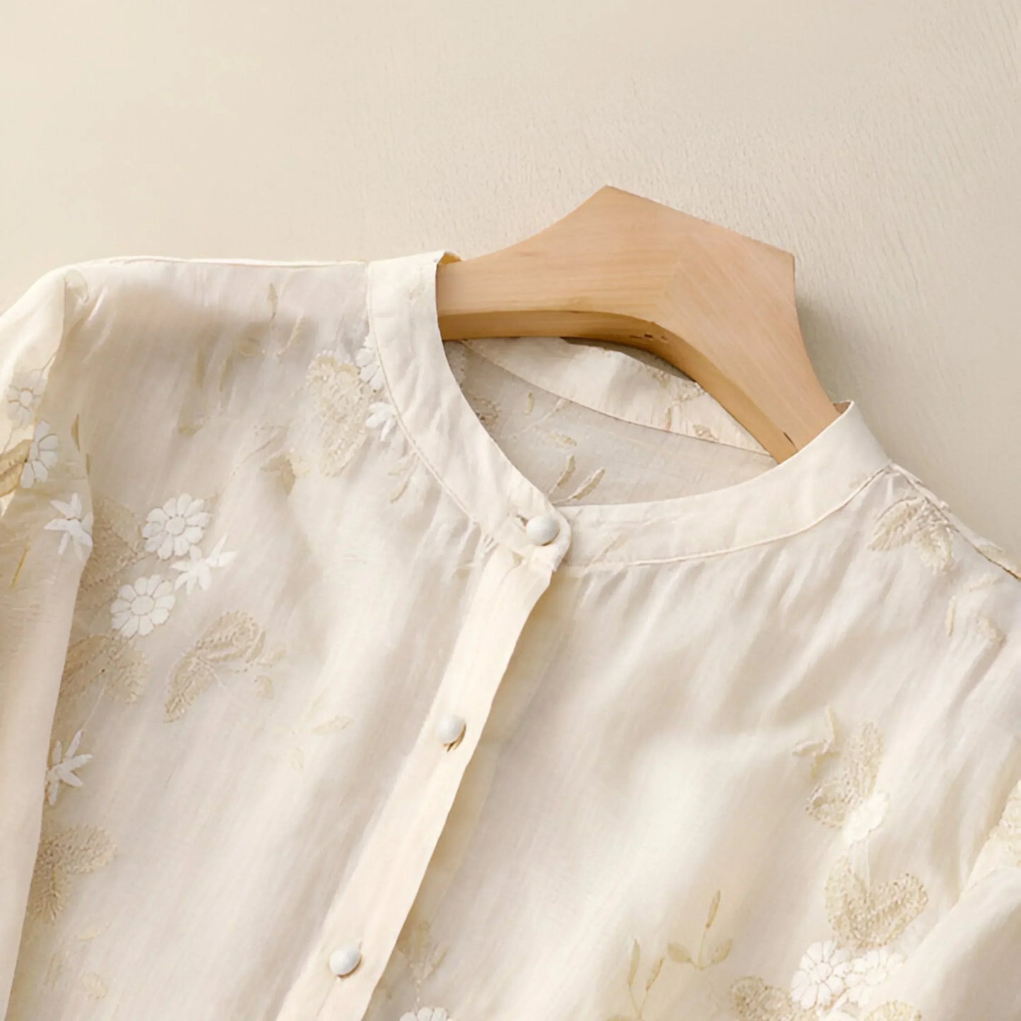 Women’s Blouse – Relaxed Fit – Embroidered – Button-Down – 3/4 Sleeve – Natural Fibers
