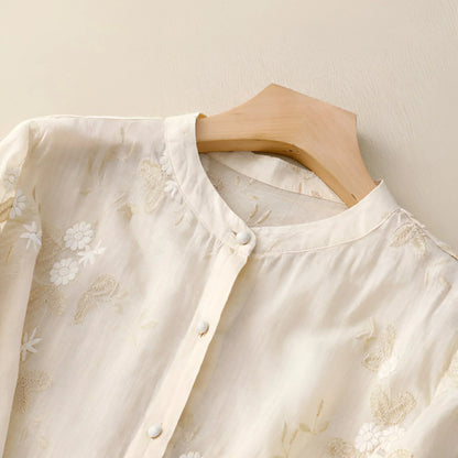 Women’s Blouse – Relaxed Fit – Embroidered – Button-Down – 3/4 Sleeve – Natural Fibers