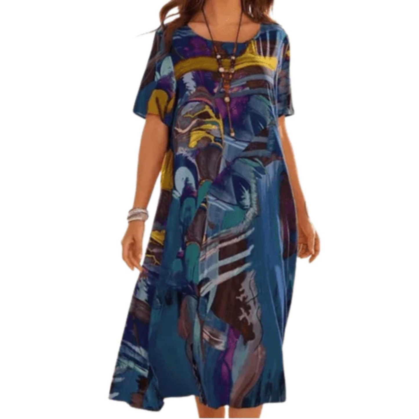 Women's Midi Dress - Flowy Fit - Short Sleeve - Round Neck - Abstract Floral Print