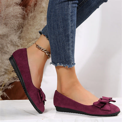 Women’s Ballet Flats – Suede Texture – Slip-On Fit – Bow Accent – Casual Comfort
