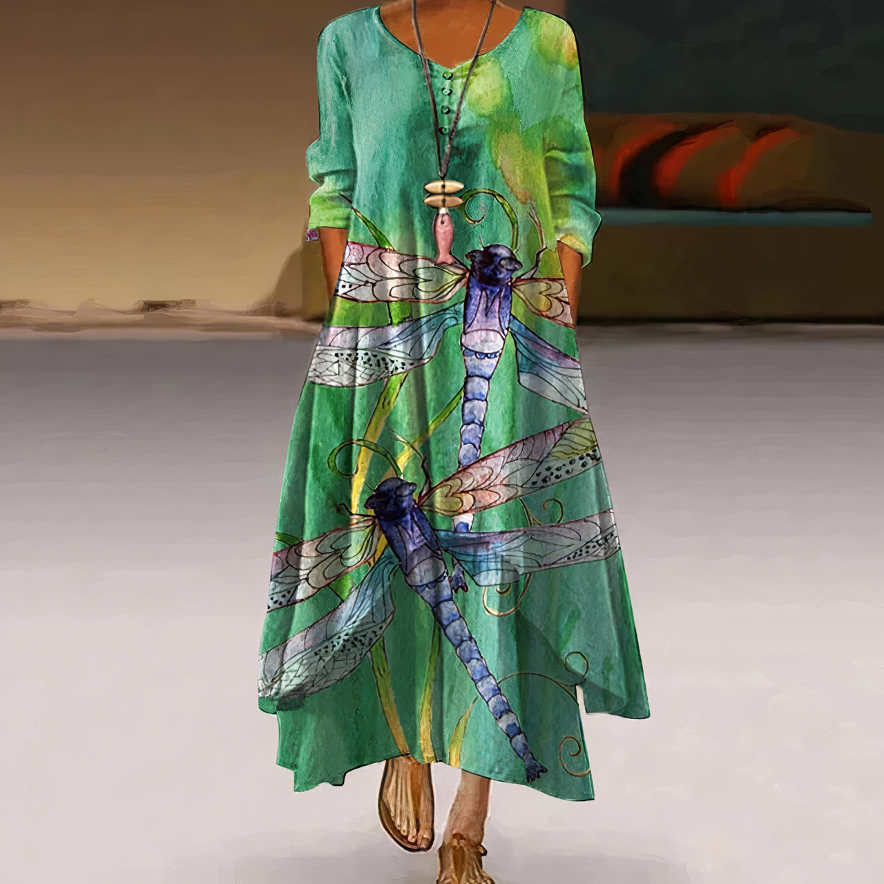 Women's Maxi Dress - Long Sleeve - Flowing Fit - Round Neck - Button Front - Floral Print