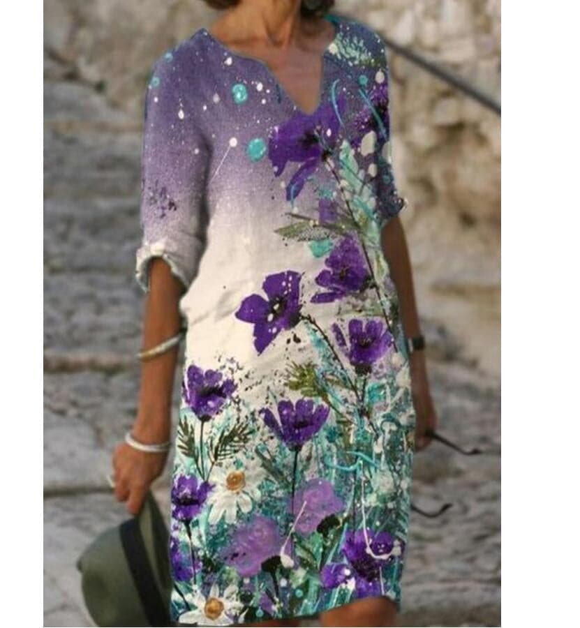 Women’s Knee-Length Dress – Relaxed Fit – Artistic Print – Cotton Blend – V-Neck