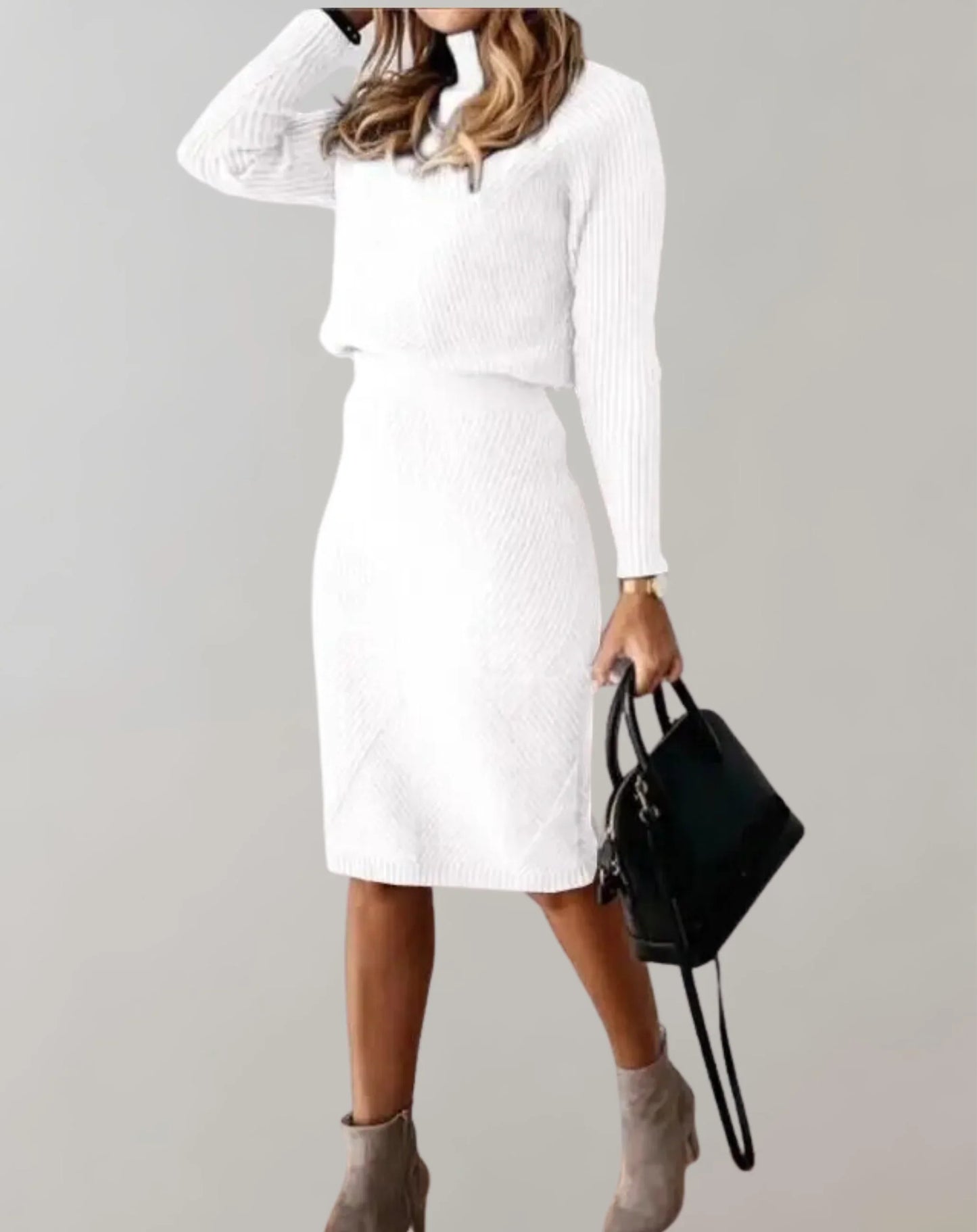 Women’s Two-Piece Set – Ribbed Knit Slim Fit – Turtleneck Top and Midi Skirt