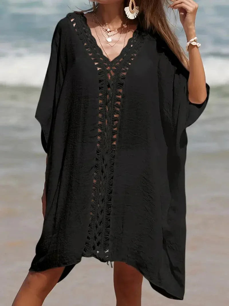 Women’s Kimono – Relaxed Fit – Natural Fibers – V-Neck – Lace Trim – Knee Length