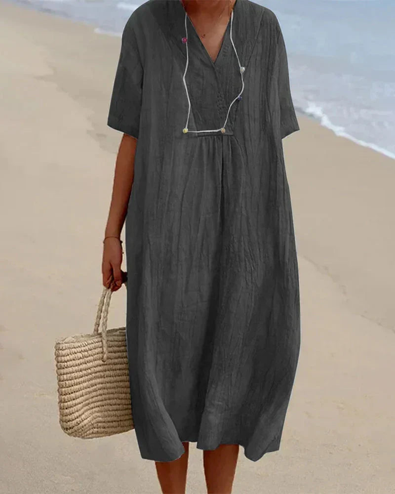 Women's Knee-Length Dress - Cotton Linen Blend - Loose Fit - V-Neck Short Sleeve Casual Wear