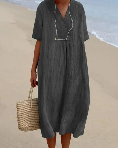 Women's Knee-Length Dress - Cotton Linen Blend - Loose Fit - V-Neck Short Sleeve Casual Wear