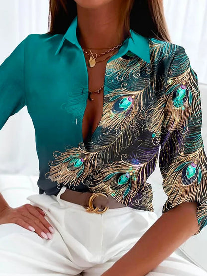 Women’s Blouse – Fitted Silhouette – Silk – Feather Print – Button-Down Style