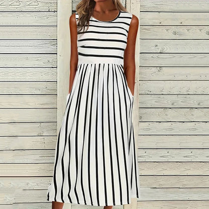 Women’s Tank Midi Dress – Relaxed Fit – Striped Pattern – Natural Fibers – Side Pockets