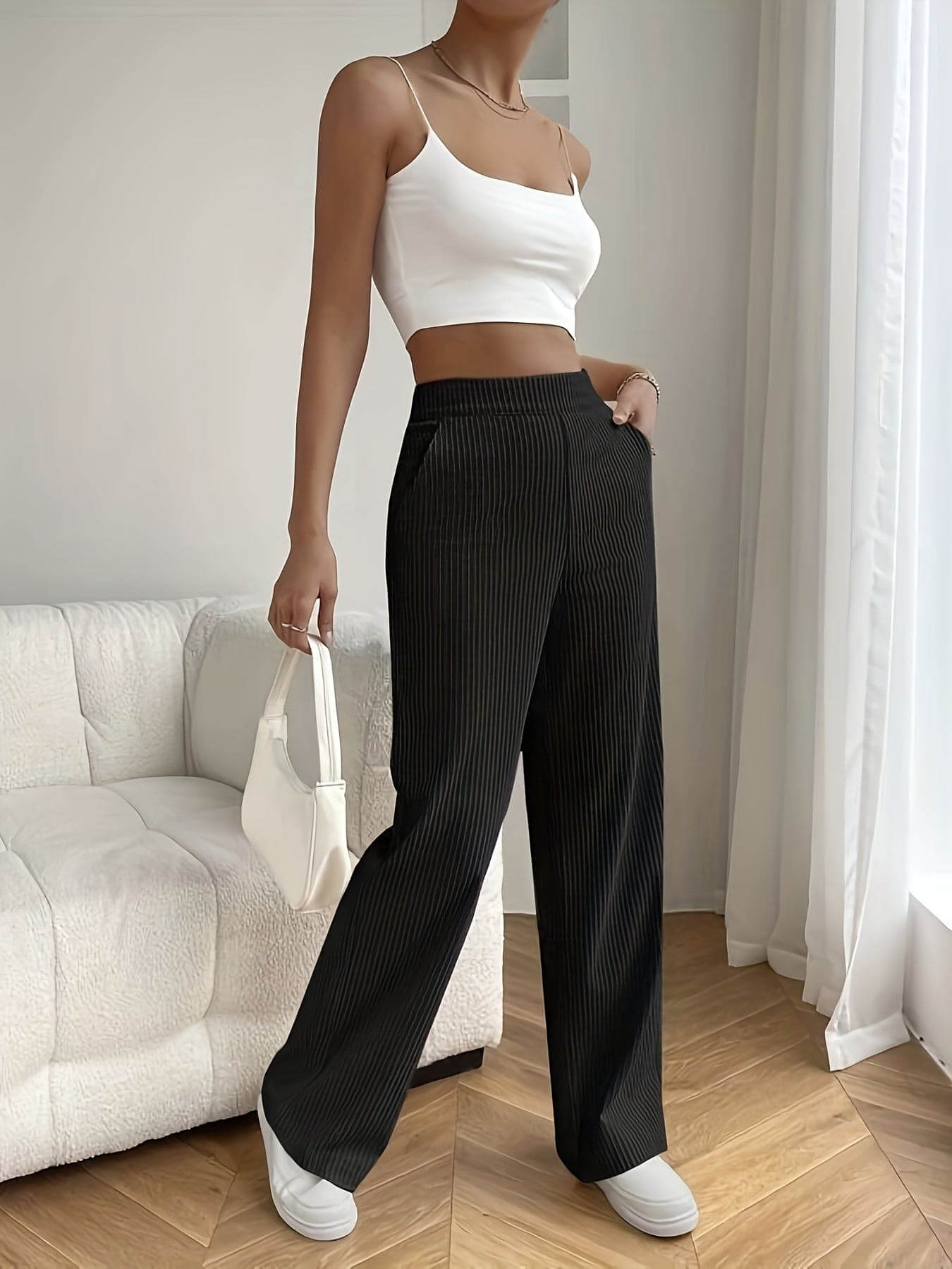 Women’s Wide Leg Trousers – High Waist – Ribbed Texture – Lightweight Breathable Fit