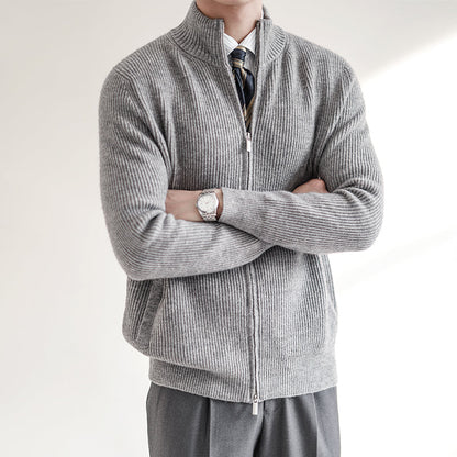 Men’s Cardigan – Slim Fit Wool Blend – Zip Front High Collar Ribbed Knit