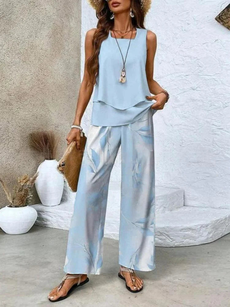 Women’s Two-Piece Set – Sleeveless Top and Wide-Leg Pants – Breathable Blend – Relaxed Fit
