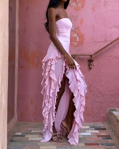 Women's Strapless Evening Dress - High-Low Ruffle Hem - Elegant Formal Wear