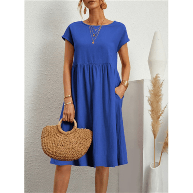Women's Midi Dress - A-Line Silhouette - Short Sleeve - Crew Neck - Lightweight Fabric