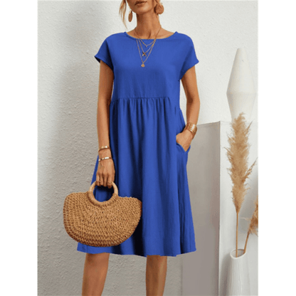 Women's Midi Dress - A-Line Silhouette - Short Sleeve - Crew Neck - Lightweight Fabric