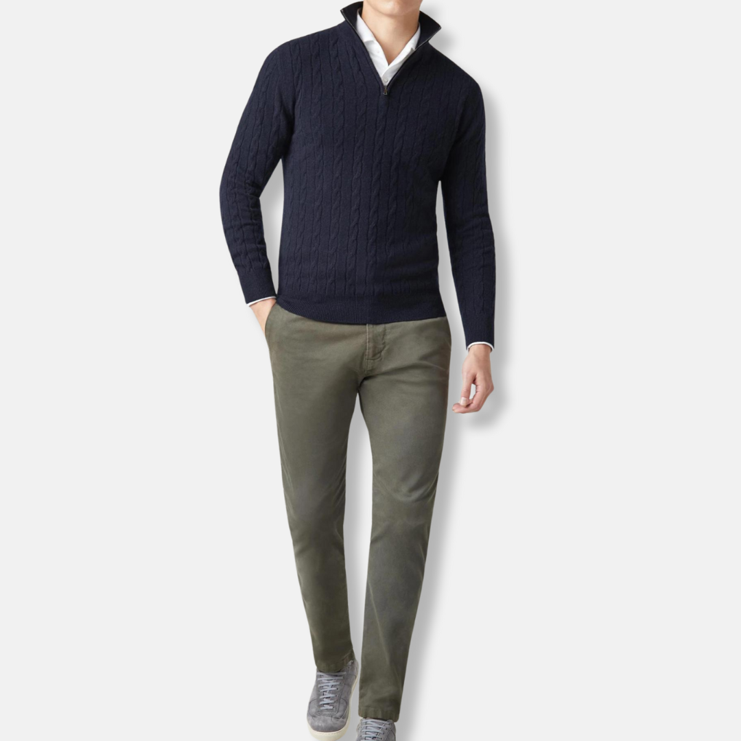 Freddie Cable Knit Stand Collar Sweater | Regular Fit Hip-Length Sweater