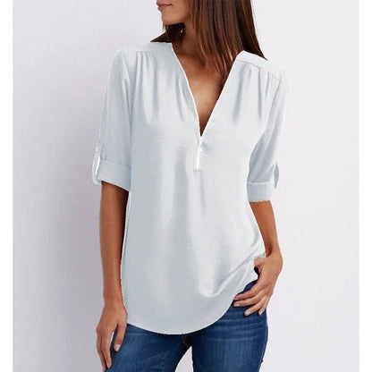 Women’s Blouse – Relaxed Fit – Cotton Blend – Half Zip – 3/4 Roll-Up Sleeves