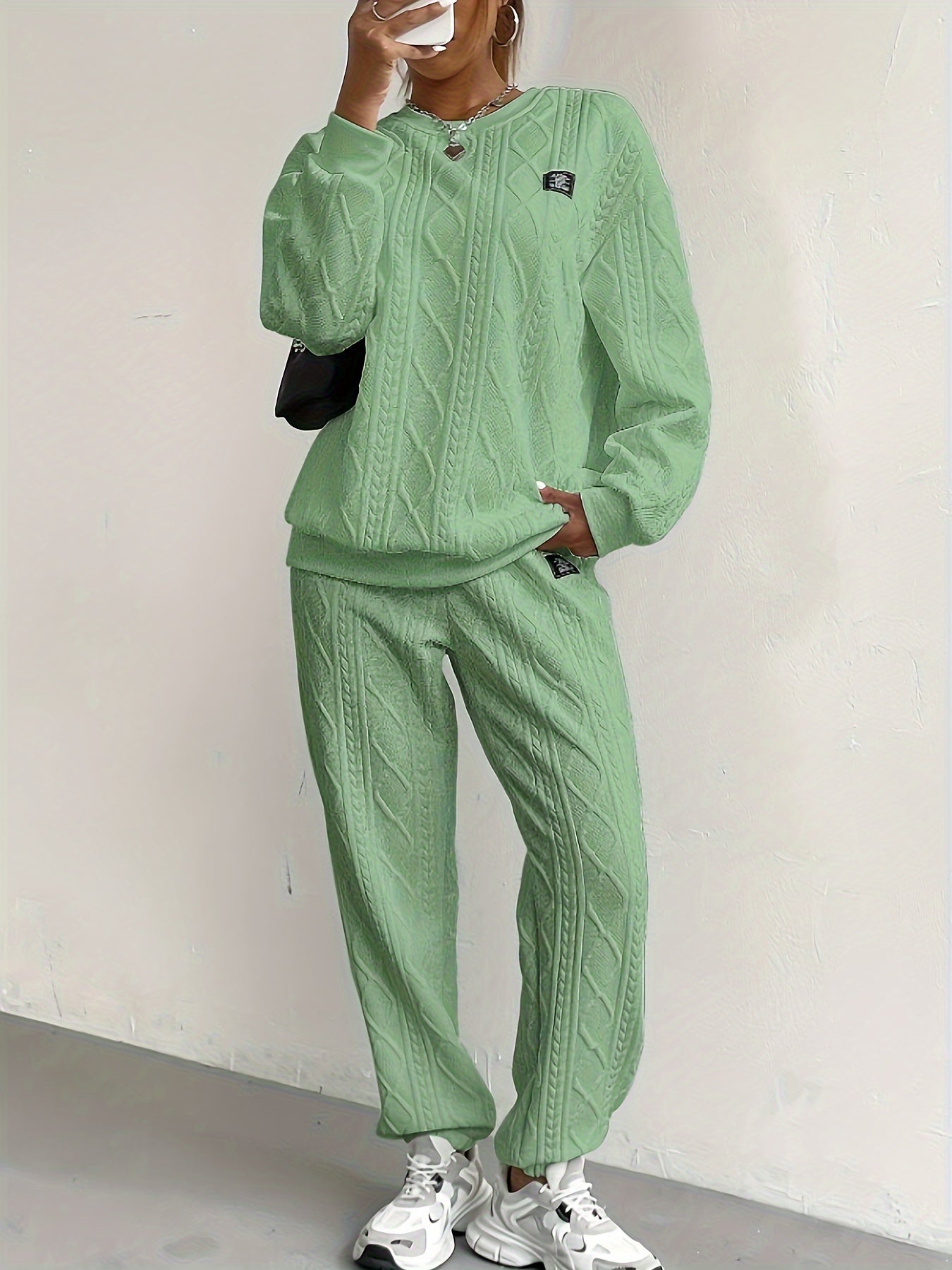 Women’s Lounge Set – Relaxed Fit – Soft Knit – Cable Pattern – Full Length Comfort