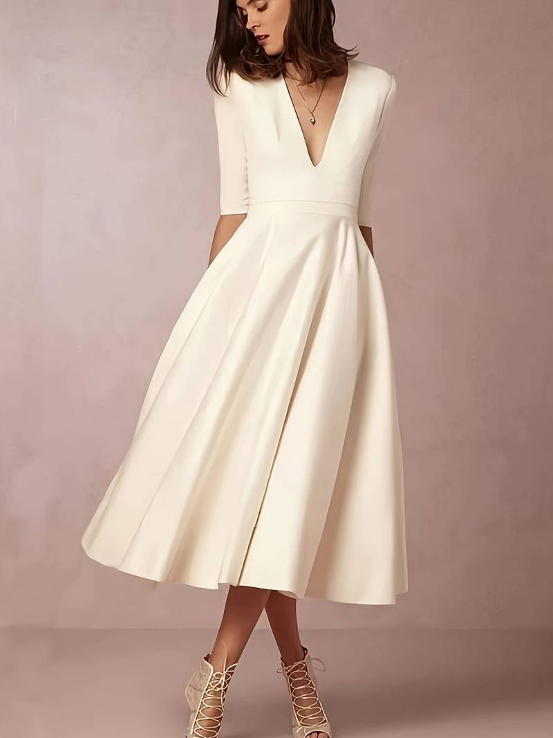Women’s Midi Dress – Satin-Like Fabric – Fitted Bodice – V-Neck – A-Line Silhouette