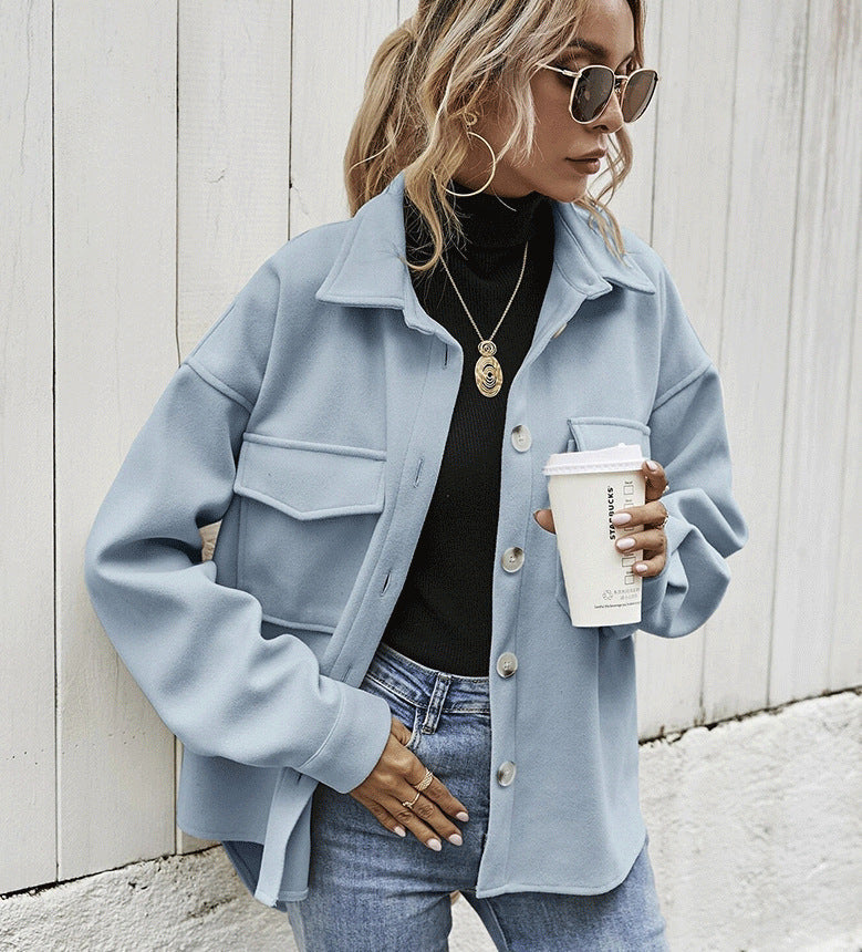 Women’s Oversized Jacket – Wool Blend – Button Front – Boxy Fit – Flap Pockets