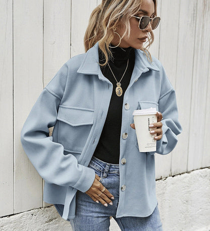 Women’s Oversized Jacket – Wool Blend – Button Front – Boxy Fit – Flap Pockets