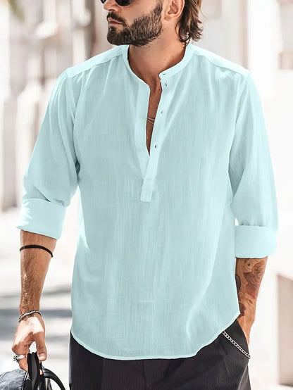 Men’s Long Sleeve Shirt – Relaxed Fit – Band Collar – Natural Fibers – Casual Wear