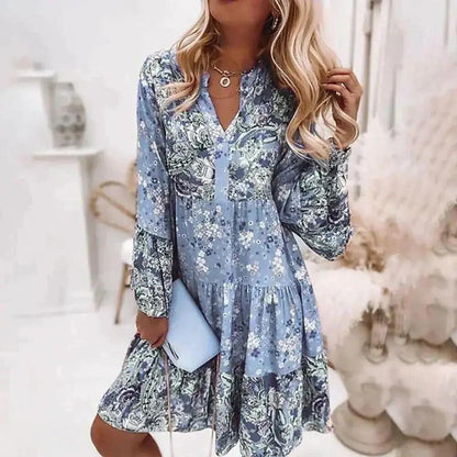 Women’s Dress – A-Line Silhouette – V-Neck – Long Sleeve – Tiered Floral Cotton