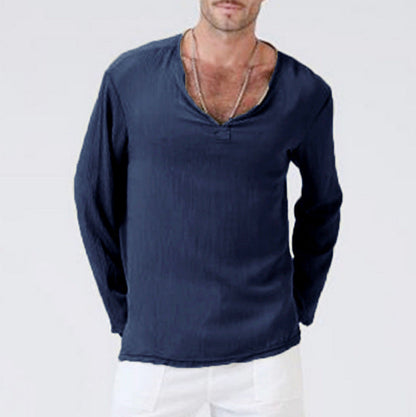 Men’s T-Shirt – Cotton Linen Blend – Relaxed Fit – V-Neck – Long Sleeve Casual Wear
