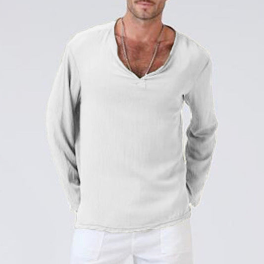 Men’s T-Shirt – Cotton Linen Blend – Relaxed Fit – V-Neck – Long Sleeve Casual Wear