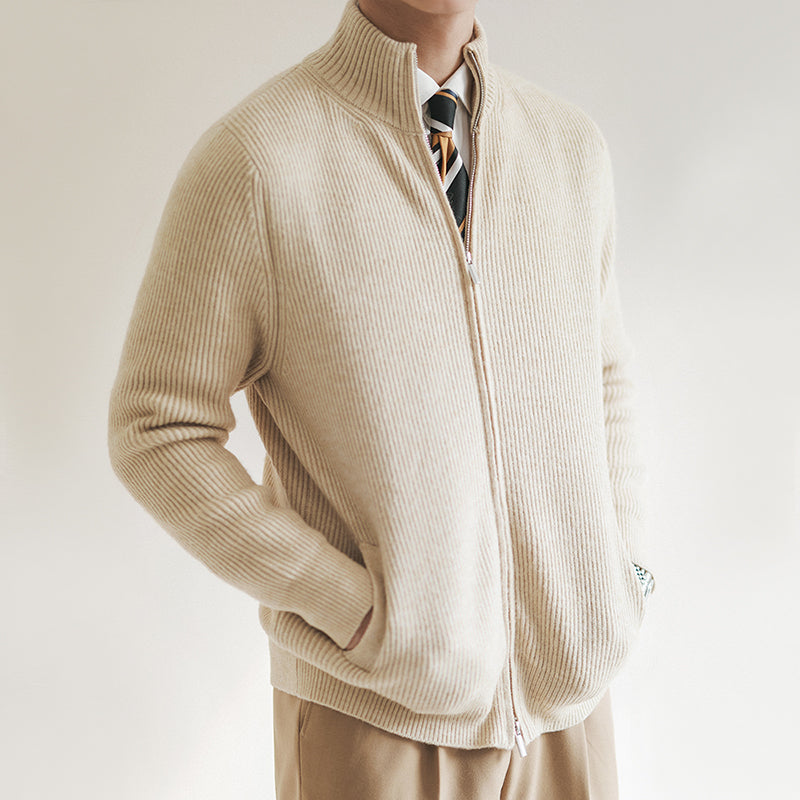 Men’s Cardigan – Slim Fit Wool Blend – Zip Front High Collar Ribbed Knit