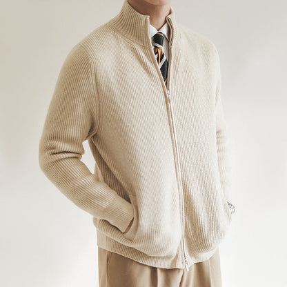 Men’s Cardigan – Slim Fit Wool Blend – Zip Front High Collar Ribbed Knit