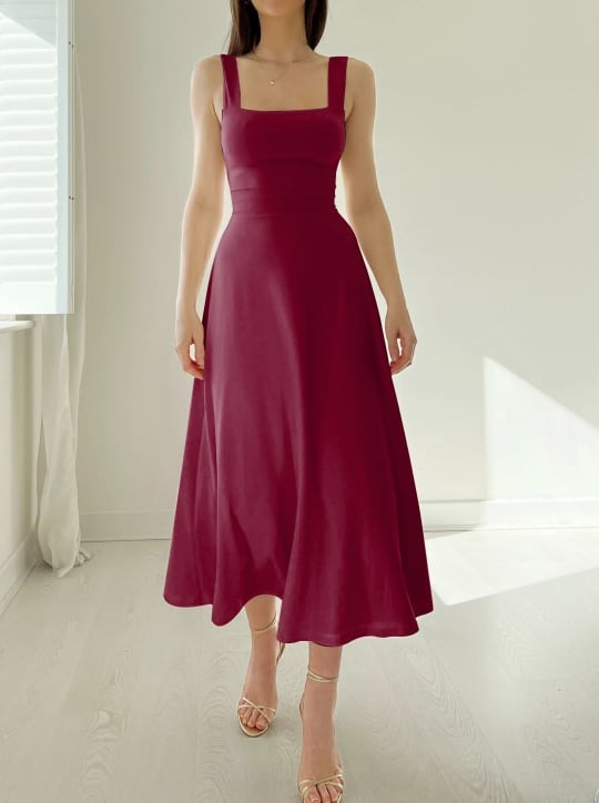 Women’s Midi Dress – A-Line Fit – Smooth Stretch Fabric – Square Neck – Broad Straps
