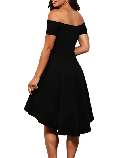 Women's Off-Shoulder High-Low Dress - Fit-and-Flare - Short Sleeve Elegant Party Wear